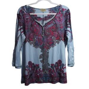 One World Live and Let Live Blue Paisley Y2K Boho Long Sleeve Top Size L